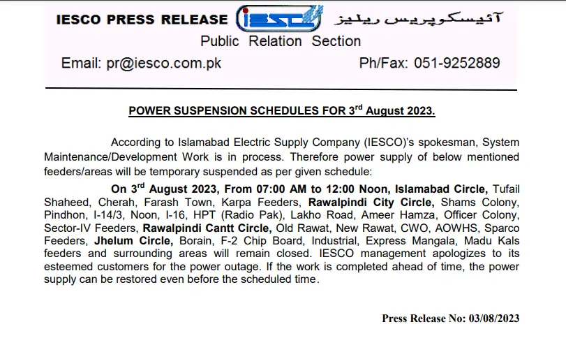 IESCO Power Suspension Notice