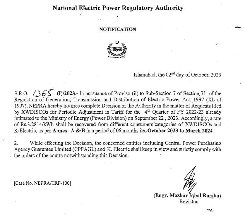NEPRA Approval Notification About Power Rates Increase